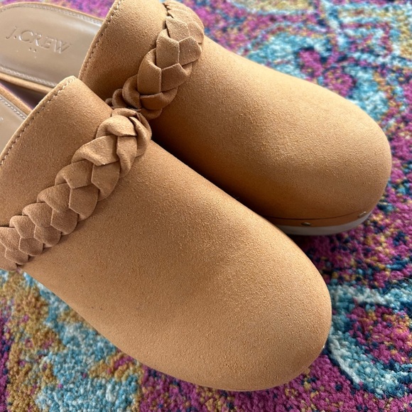 NWOT J. Crew | Women’s caramel faux suede wooden chunky heel braided bridge clog - Picture 5 of 10
